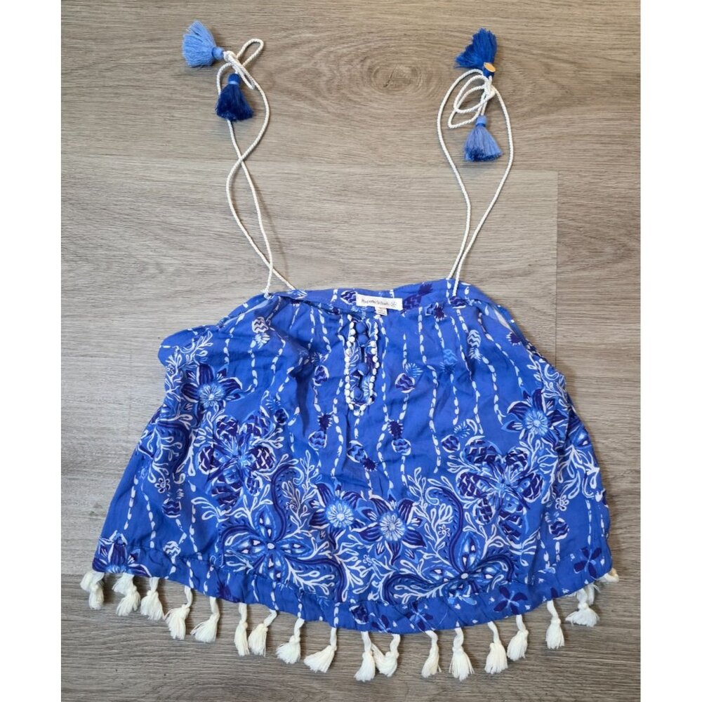 Poupette St. Barth Blue Top Tassel Pom Pom Tie Cropped Shirt Extra Large XL